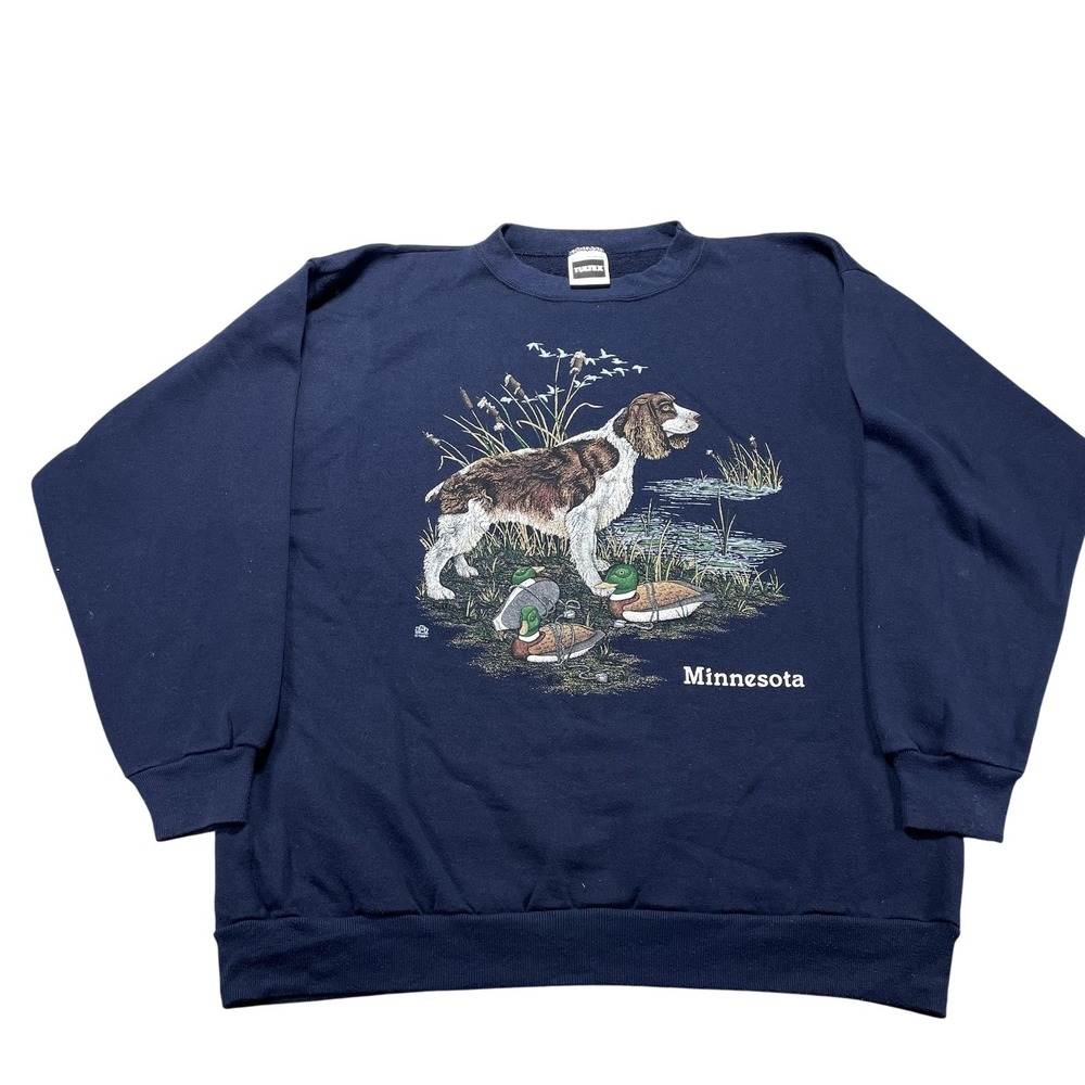 VTG Tultex Sweatshirt Mens XL Blue Hunting Dog Minnesota Graphic Fleece Crewneck